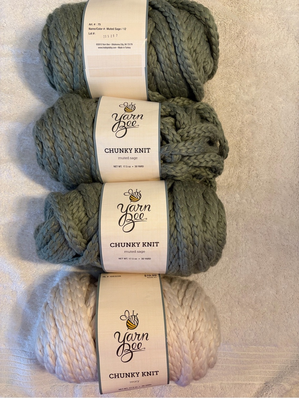 YARN!!! Yarn Bee Chunky Knit Yarn - 3 skeins Muted Sage and 1 skein Ivory